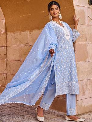 Women Floral Embroidered  Cotton Kurta with Trousers & Dupatta 3