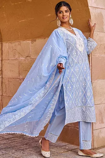 Women Floral Embroidered  Cotton Kurta with Trousers & Dupatta