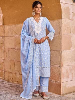 Women Floral Embroidered  Cotton Kurta with Trousers & Dupatta 4