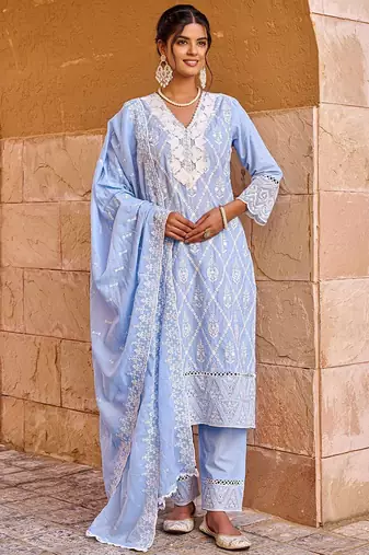 Women Floral Embroidered  Cotton Kurta with Trousers & Dupatta