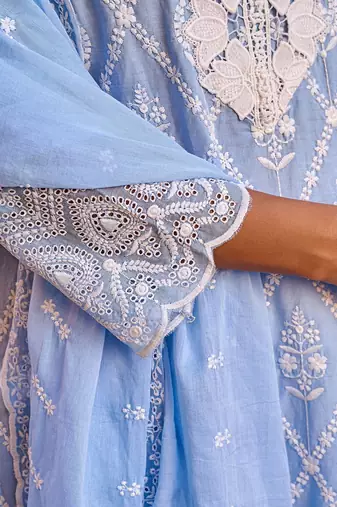 Women Floral Embroidered  Cotton Kurta with Trousers & Dupatta