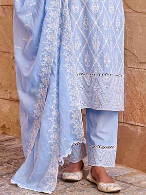 Women Floral Embroidered  Cotton Kurta with Trousers & Dupatta 7