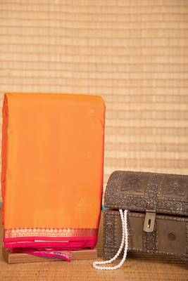 Safety orange and pink sleek border touch silk saree with blouse 1