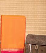 Safety orange and pink sleek border touch silk saree with blouse
