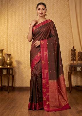 Maroon and red traditional touch silk saree with blouse 1