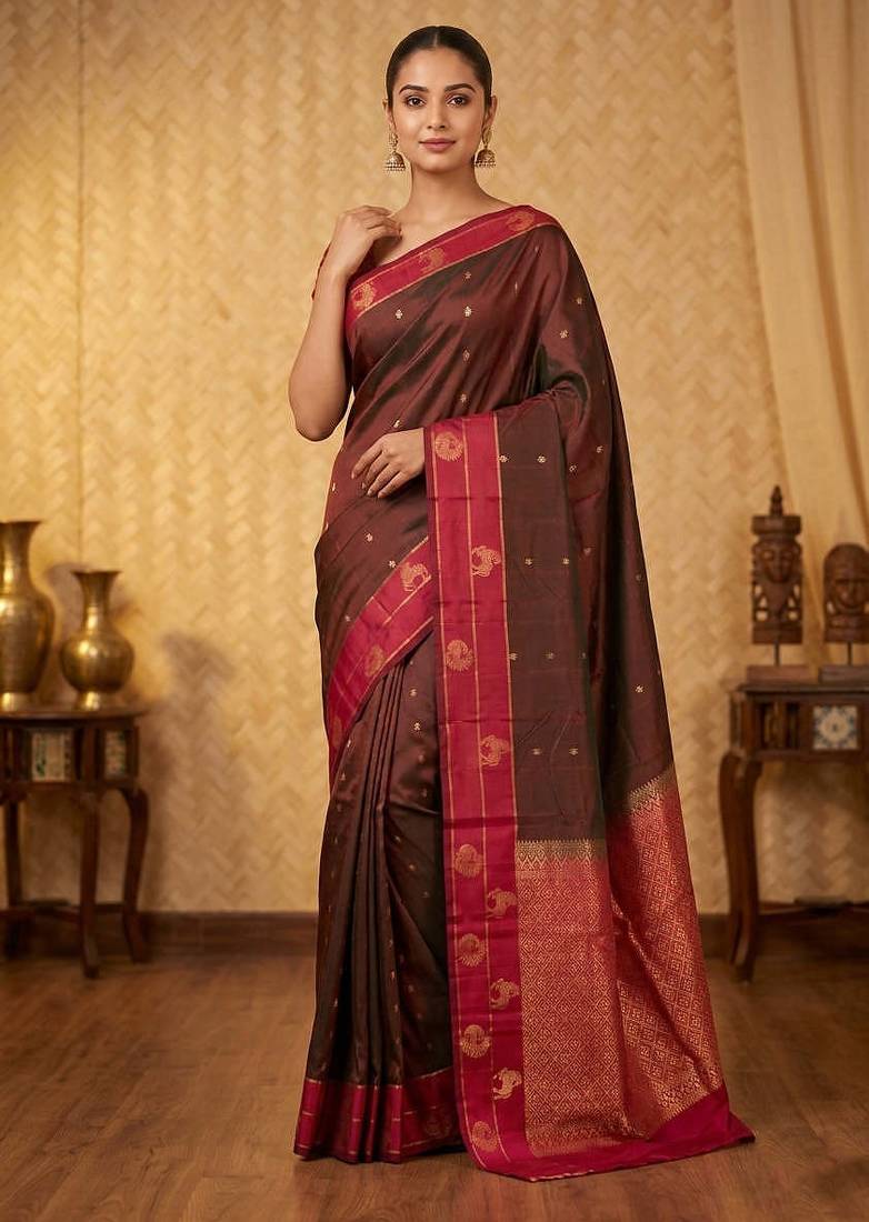 Maroon and red traditional touch silk saree with blouse