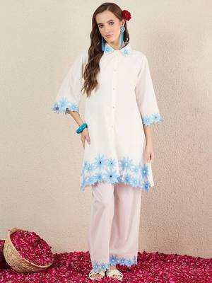Women Solid Embroidered Cotton Kurta with Palazzos 1