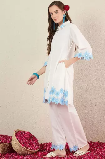 Women Solid Embroidered Cotton Kurta with Palazzos