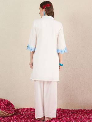 Women Solid Embroidered Cotton Kurta with Palazzos 4