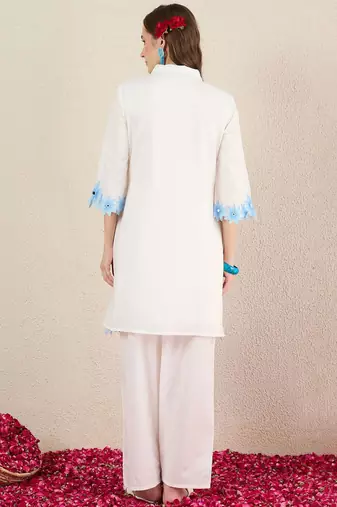 Women Solid Embroidered Cotton Kurta with Palazzos