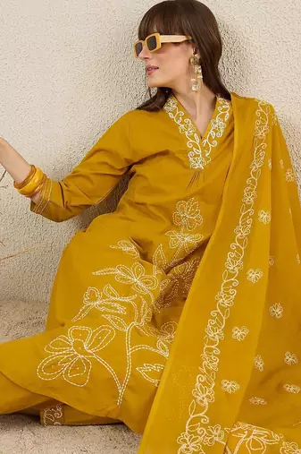 Women Solid Embroidered Cotton Kurta with Trousers & Dupatta