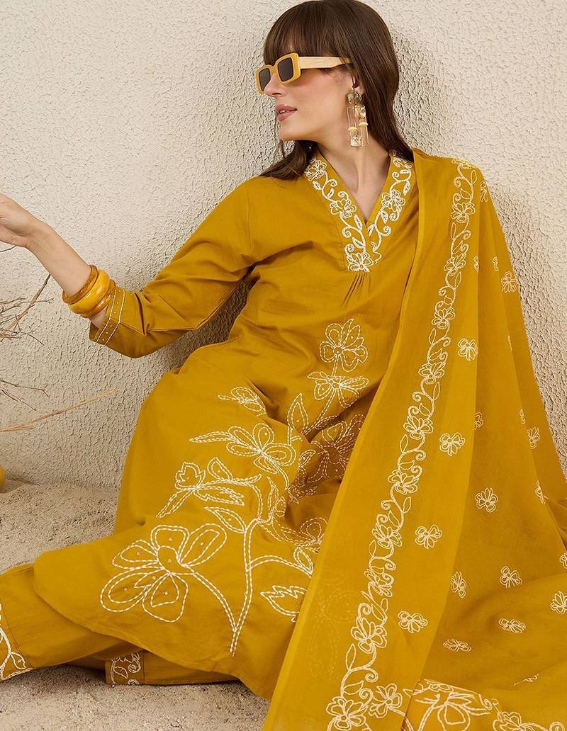 Women Solid Embroidered Cotton Kurta with Trousers & Dupatta