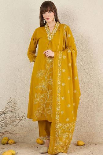 Women Solid Embroidered Cotton Kurta with Trousers & Dupatta