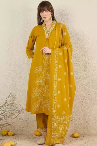 Women Solid Embroidered Cotton Kurta with Trousers & Dupatta