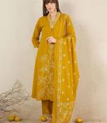 Women Solid Embroidered Cotton Kurta with Trousers & Dupatta