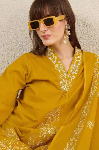 Women Solid Embroidered Cotton Kurta with Trousers & Dupatta