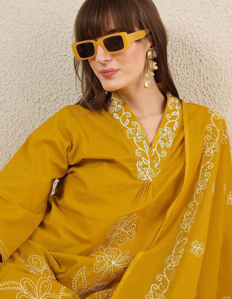 Women Solid Embroidered Cotton Kurta with Trousers & Dupatta