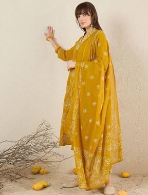 Women Solid Embroidered Cotton Kurta with Trousers & Dupatta 4