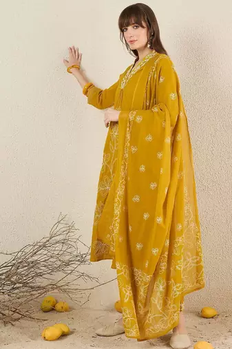 Women Solid Embroidered Cotton Kurta with Trousers & Dupatta