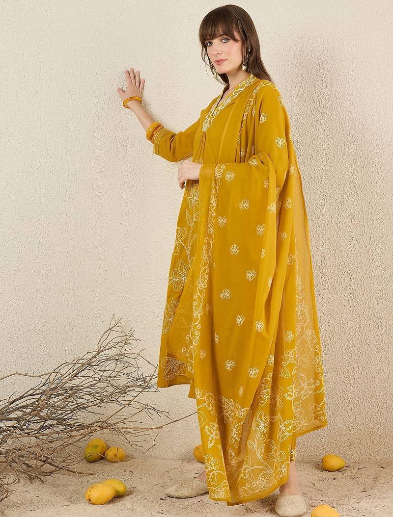 Women Solid Embroidered Cotton Kurta with Trousers & Dupatta