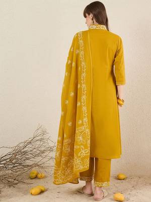 Women Solid Embroidered Cotton Kurta with Trousers & Dupatta 5