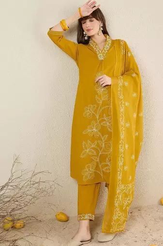 Women Solid Embroidered Cotton Kurta with Trousers & Dupatta