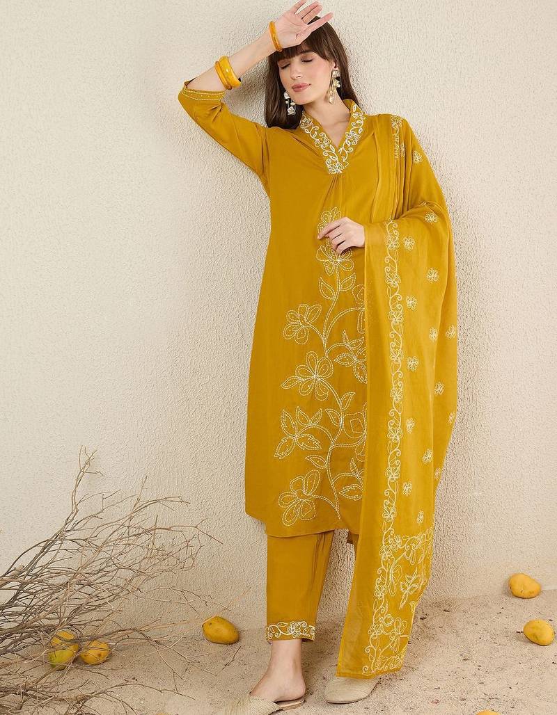 Women Solid Embroidered Cotton Kurta with Trousers & Dupatta
