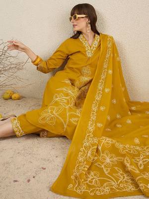 Women Solid Embroidered Cotton Kurta with Trousers & Dupatta 7