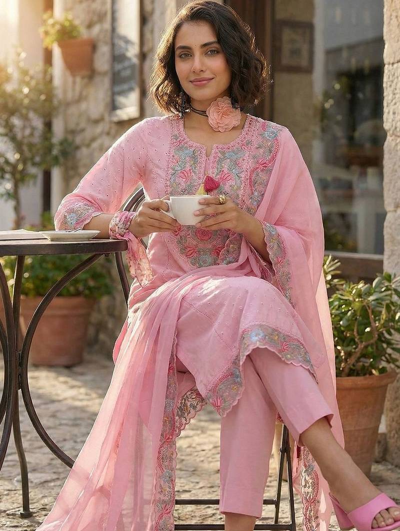Women Floral Embroidered Regular Thread Work  Cotton Kurta with Trousers & With Dupatta