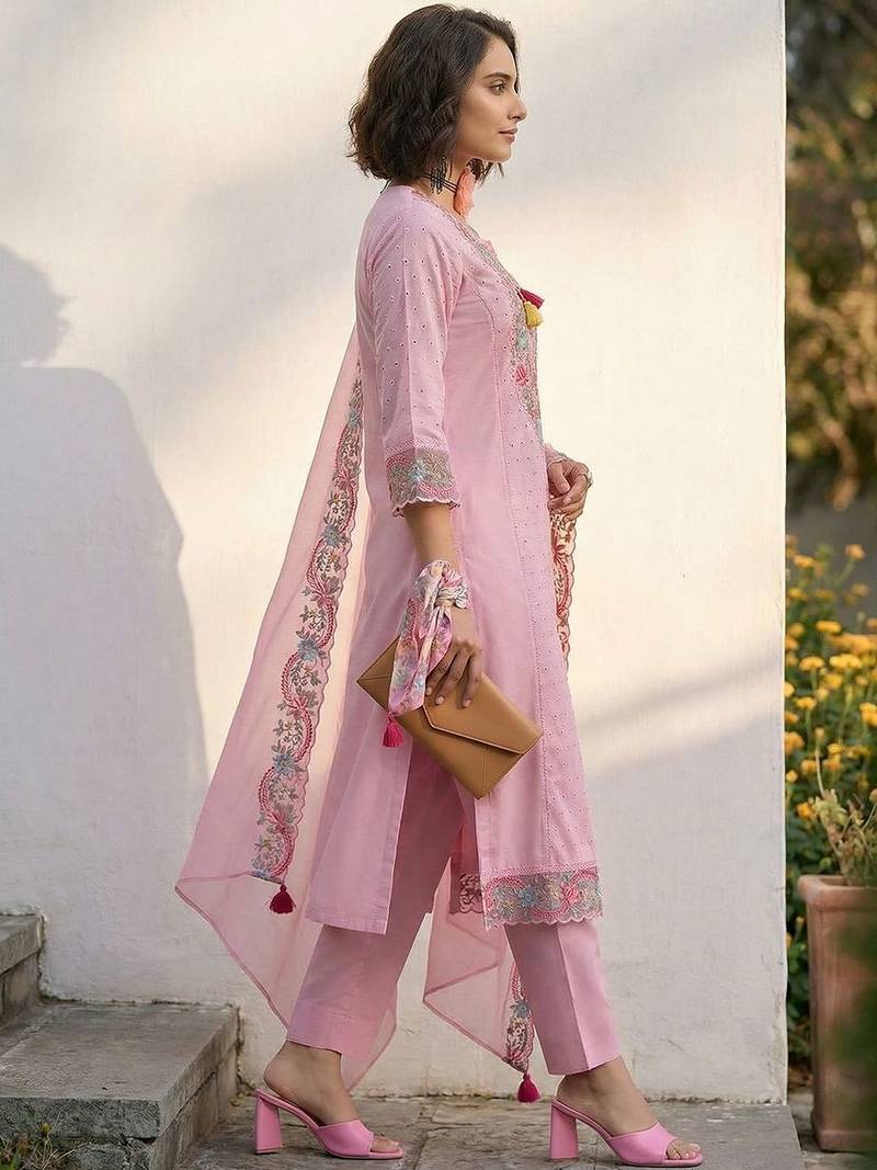 Women Floral Embroidered Regular Thread Work  Cotton Kurta with Trousers & With Dupatta