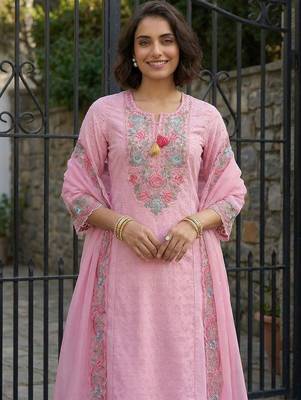 Women Floral Embroidered Regular Thread Work  Cotton Kurta with Trousers & With Dupatta 6