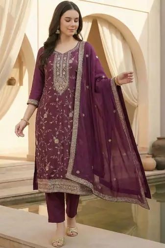 Women Ethnic Motifs Embroidered Regular Thread Work Kurta with Trousers & With Dupatta