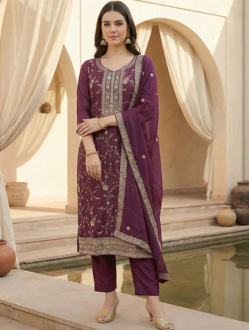 Women Ethnic Motifs Embroidered Regular Thread Work Kurta with Trousers & With Dupatta