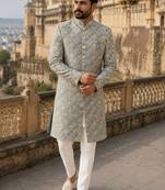 Grey navabi indowestern for men