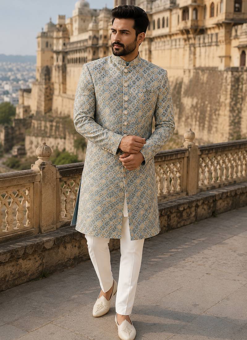 Grey navabi indowestern for men