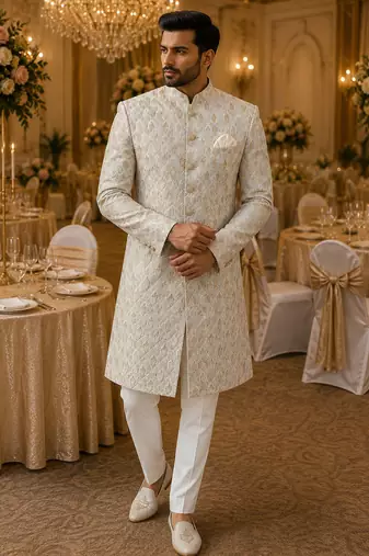 Aesthetic beige navabi indowestern for men
