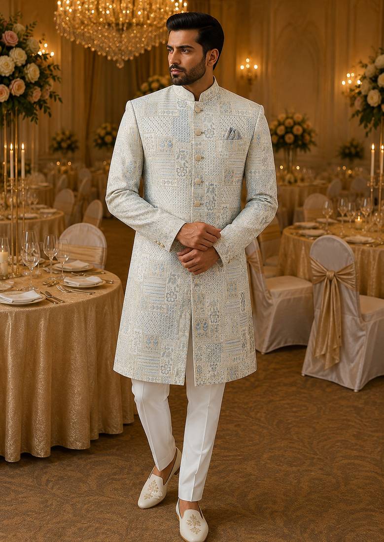 Sky blue navabi indowestern for men