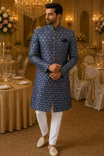Blue navabi indowestern for men