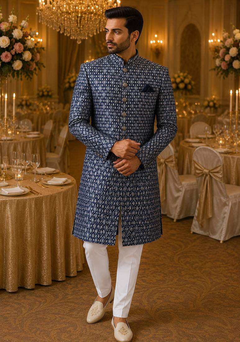 Blue navabi indowestern for men