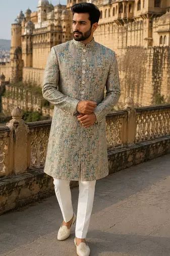 Pastel green navabi indowestern for men