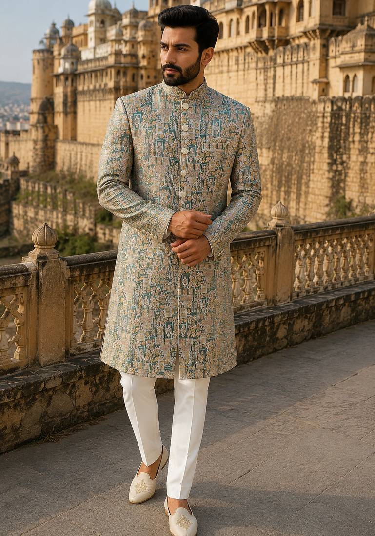 Pastel green navabi indowestern for men