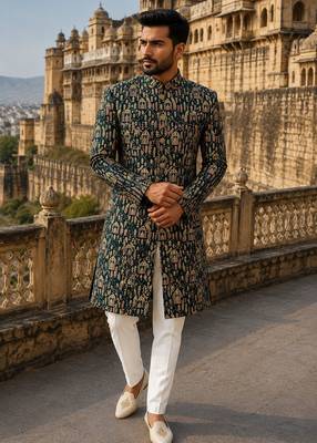 Bottle green navabi indowestern for men | premium men's ethnic wear 1