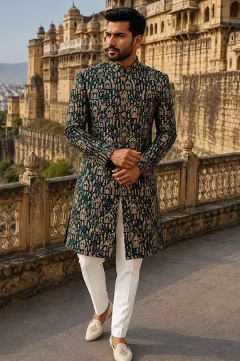 Bottle green navabi indowestern for men | premium men's ethnic wear