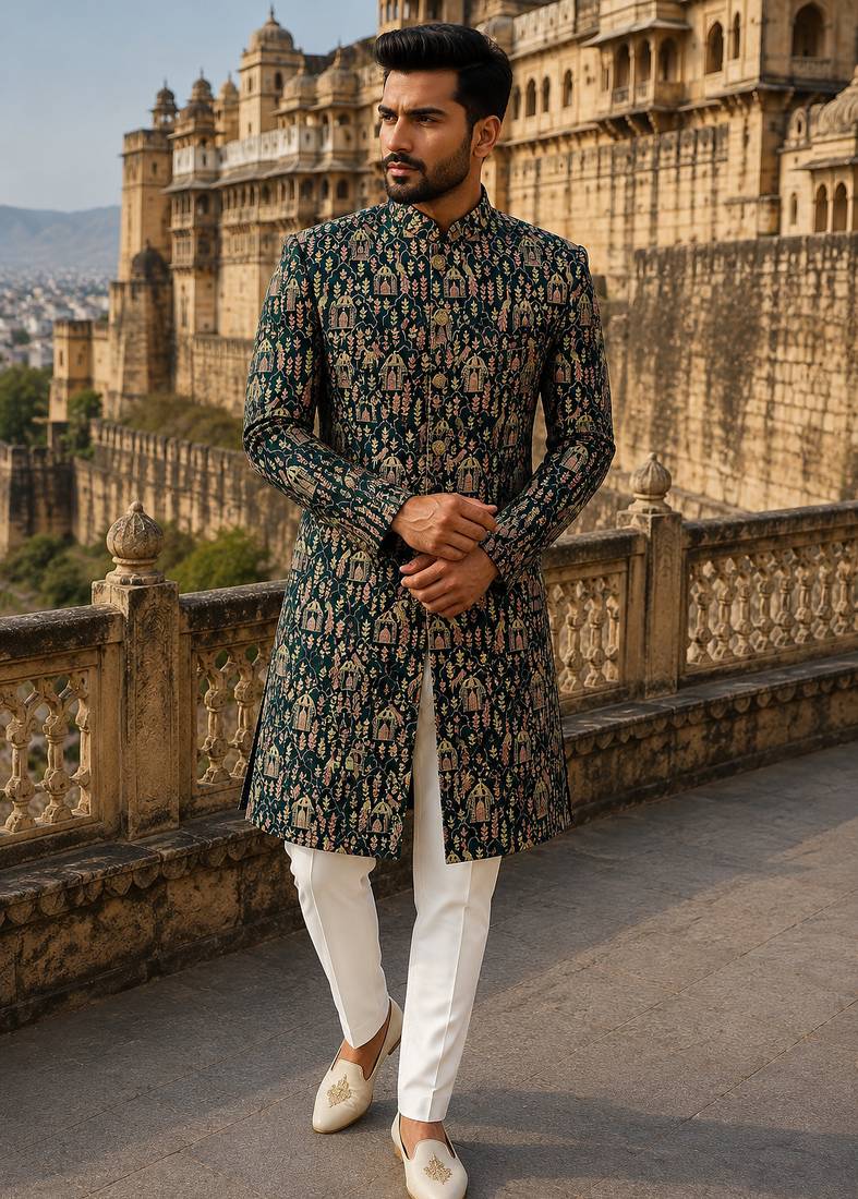 Bottle green navabi indowestern for men | premium men's ethnic wear
