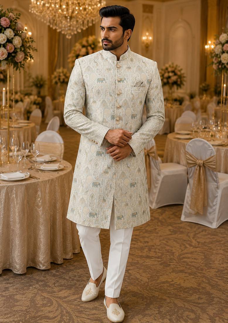 Offwhite sky elephant navabi indowestern for men