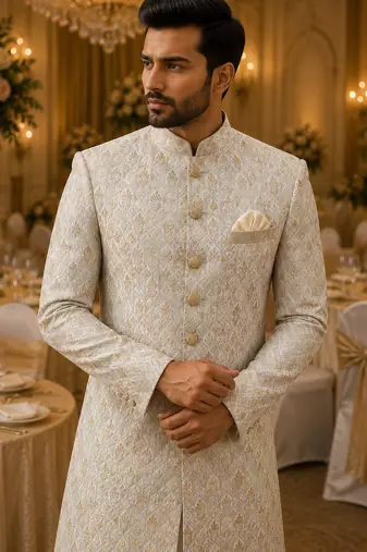 Aesthetic beige navabi indowestern for men