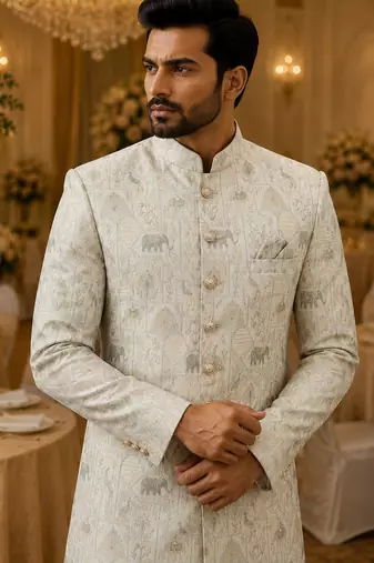 Offwhite sky elephant navabi indowestern for men