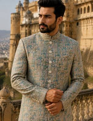 Pastel green navabi indowestern for men 2