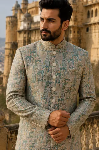 Pastel green navabi indowestern for men