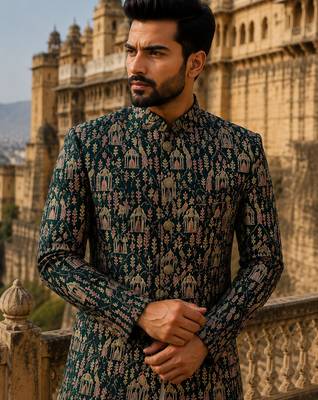 Bottle green navabi indowestern for men | premium men's ethnic wear 2